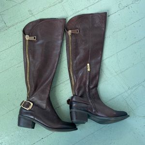 NWOT knee height brown boots with gold buckle